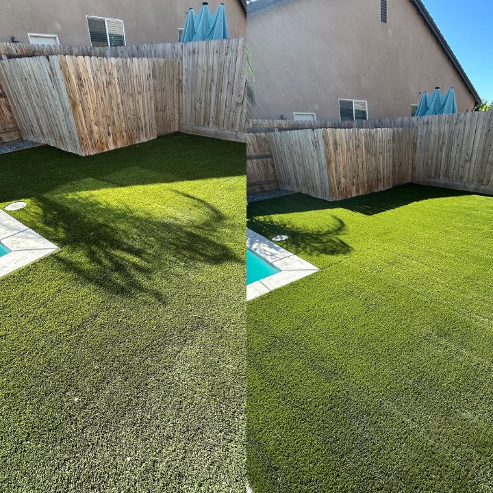 Artificial turf before and after cleaning by Breeze Turf in Hanford, CA, backyard turf beside a pool