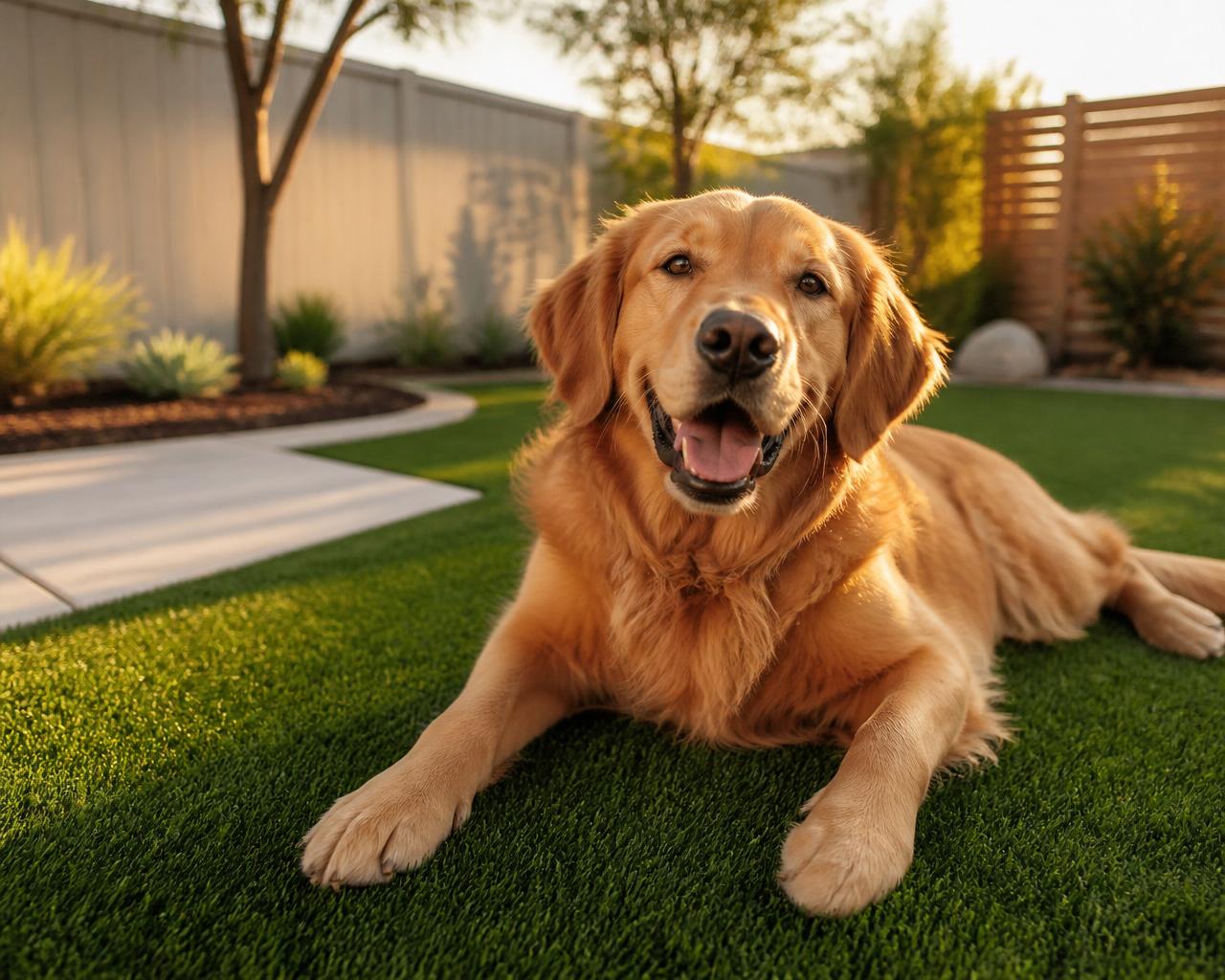 Golden retriever relaxing on freshly cleaned artificial turf