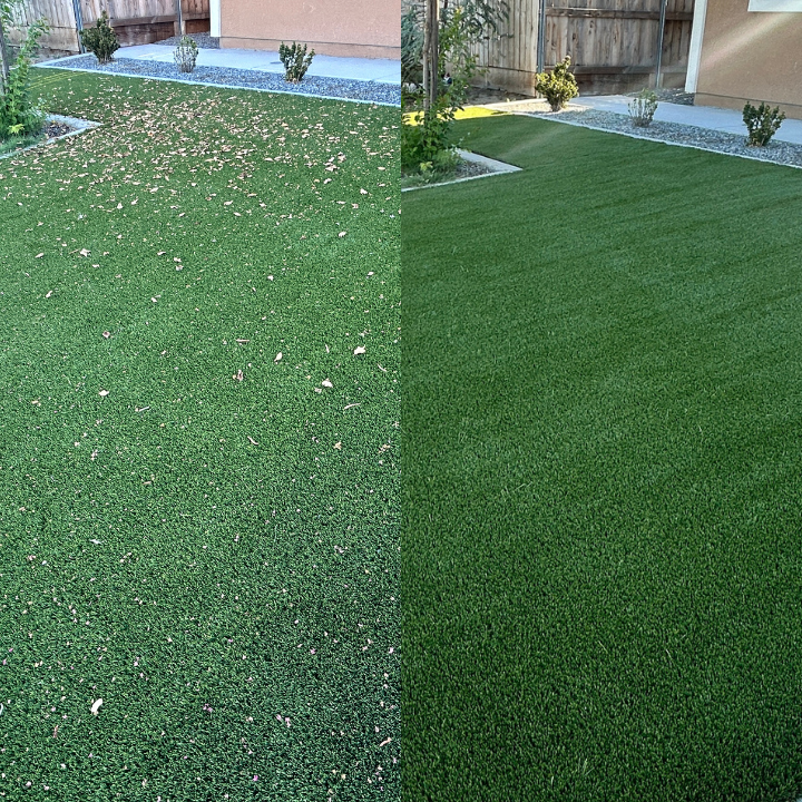 Artificial turf before and after cleaning by Breeze Turf in Hanford, CA, side yard leaf litter cleared and fibers groomed